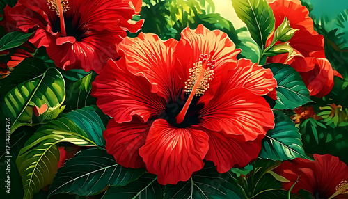 Very colorful seamless pattern of tropical red flowers