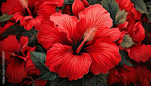 Very colorful seamless pattern of tropical red flowers