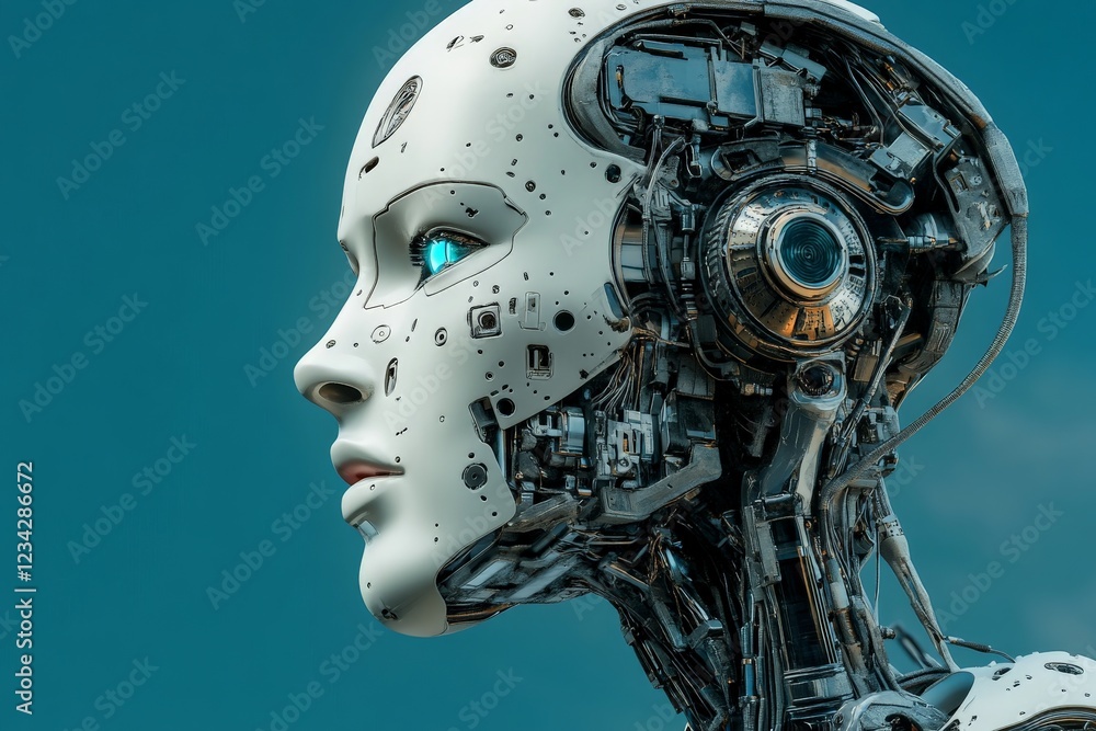 Robot head with intricate detailing and glowing blue eye portrays advanced artificial intelligence in futuristic setting Robot head with intricate detailing and glowing blue eye portrays advanced artificial intelligence in futuristic setting