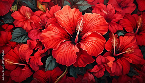 Very colorful seamless pattern of tropical red flowers