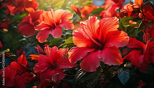 Very colorful seamless pattern of tropical red flowers