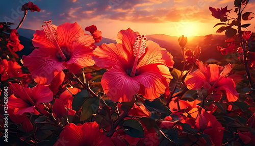 Very colorful seamless pattern of tropical red flowers