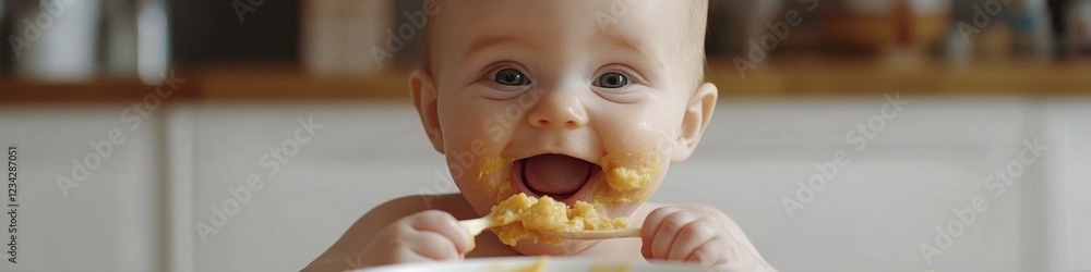 Naklejka premium A young child enjoys a snack from a plate, great for family or kid-focused content