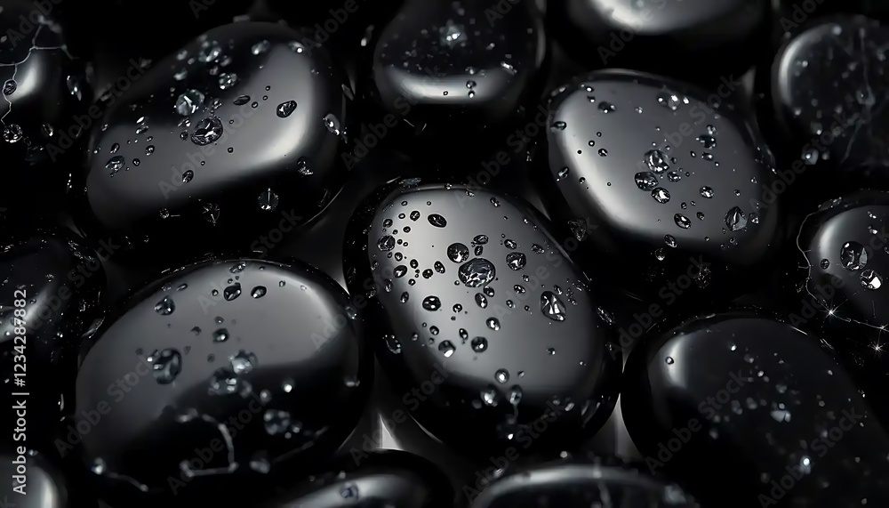 Black Polished Stones Covered In Water Droplets Black Polished Stones Covered In Water Droplets
