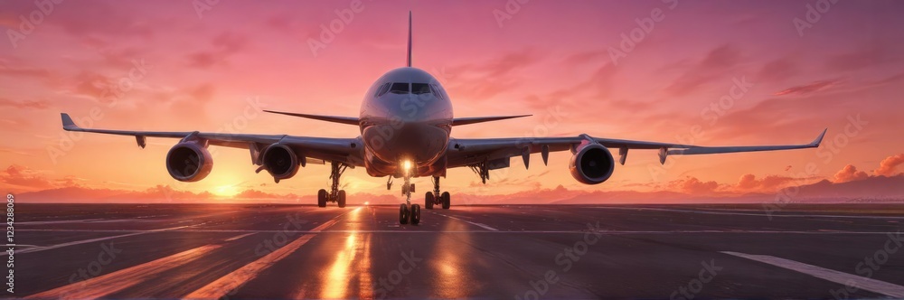 Plane touches down on runway as vibrant orange and pink hues of sunset fade into the horizon , golden hour, airport, sky view Plane touches down on runway as vibrant orange and pink hues of sunset fade into the horizon , golden hour, airport, sky view
