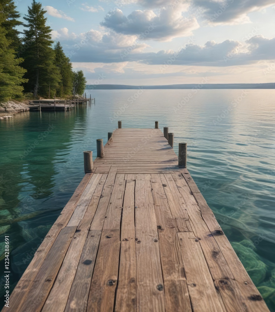 Fototapeta premium Peaceful scene of wooden dock on the beautiful Torch Lake, relaxation, getaway