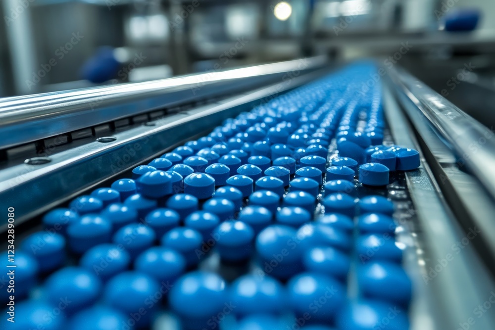 Close-up view of blue pharmaceutical tablets on a conveyor belt in a manufacturing facility Close-up view of blue pharmaceutical tablets on a conveyor belt in a manufacturing facility