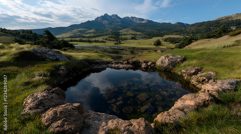 Fototapeta premium Mountain lake reflection, tranquil scene, calm water, peaceful nature