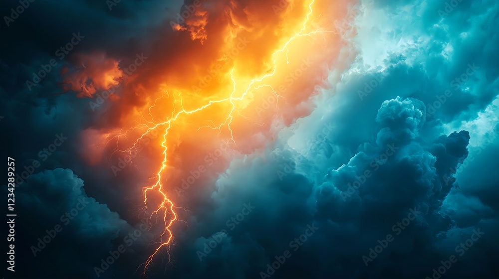 Fototapeta premium Fiery Orange and Blue Lightning Storm Cloudscape