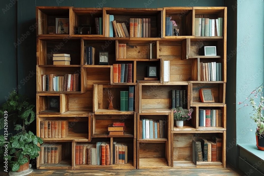 Bookshelves filled with various books and decorative items in a cozy interior setting Bookshelves filled with various books and decorative items in a cozy interior setting