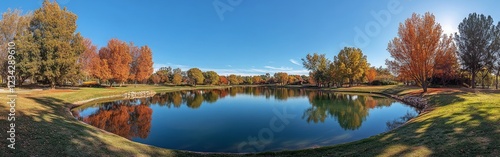 A scenic autumn park with vibrant trees and a calm lake, creating a peaceful and picturesque atmosphere.