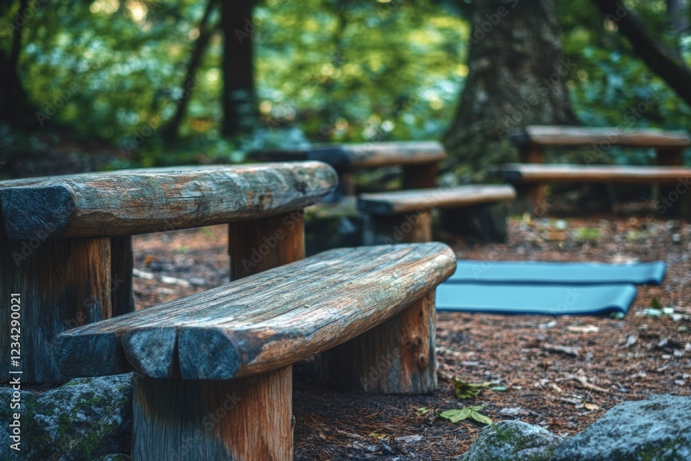 A wooden bench sits amidst the trees in a serene forest environment, perfect for outdoor seating or scenic photography A wooden bench sits amidst the trees in a serene forest environment, perfect for outdoor seating or scenic photography