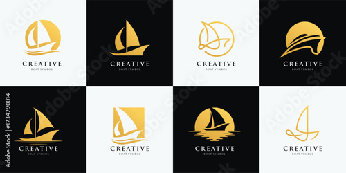 Luxury Sail Boat Ship Vessel and sea wave for Ocean Sailing Adventure Travel Trip Transportation Design Logo Collection 