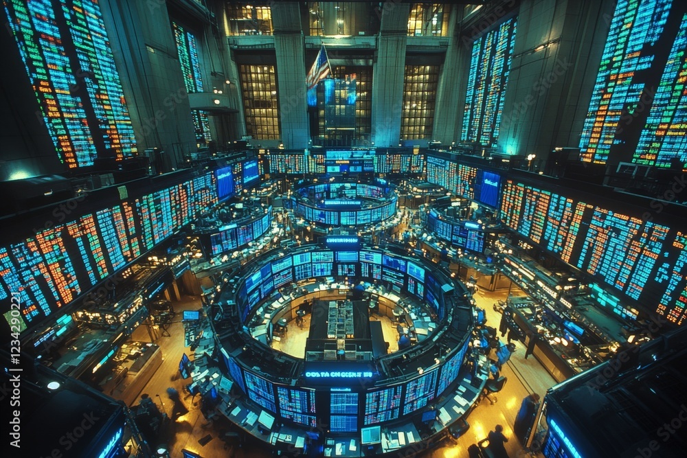 Obraz premium Stock market trading floor bustling with activity and shimmering screens in a major financial district