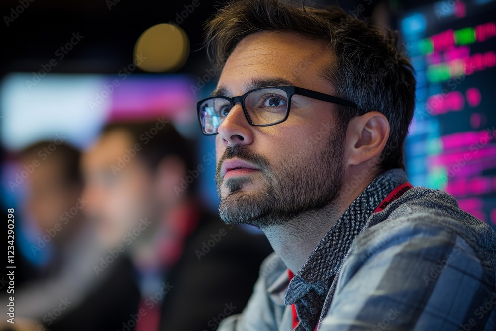 Focused analyst monitors data trends in a high-tech control room during evening hours Focused analyst monitors data trends in a high-tech control room during evening hours