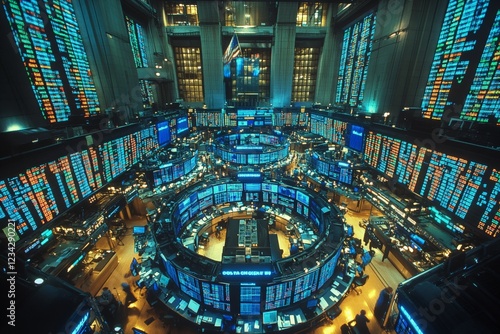 Stock market trading floor bustling with activity and shimmering screens in a major financial district
