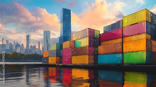 Wallpaper Mural Container Cargo freight ship in harbor with cityscape background at twilight time. Torontodigital.ca