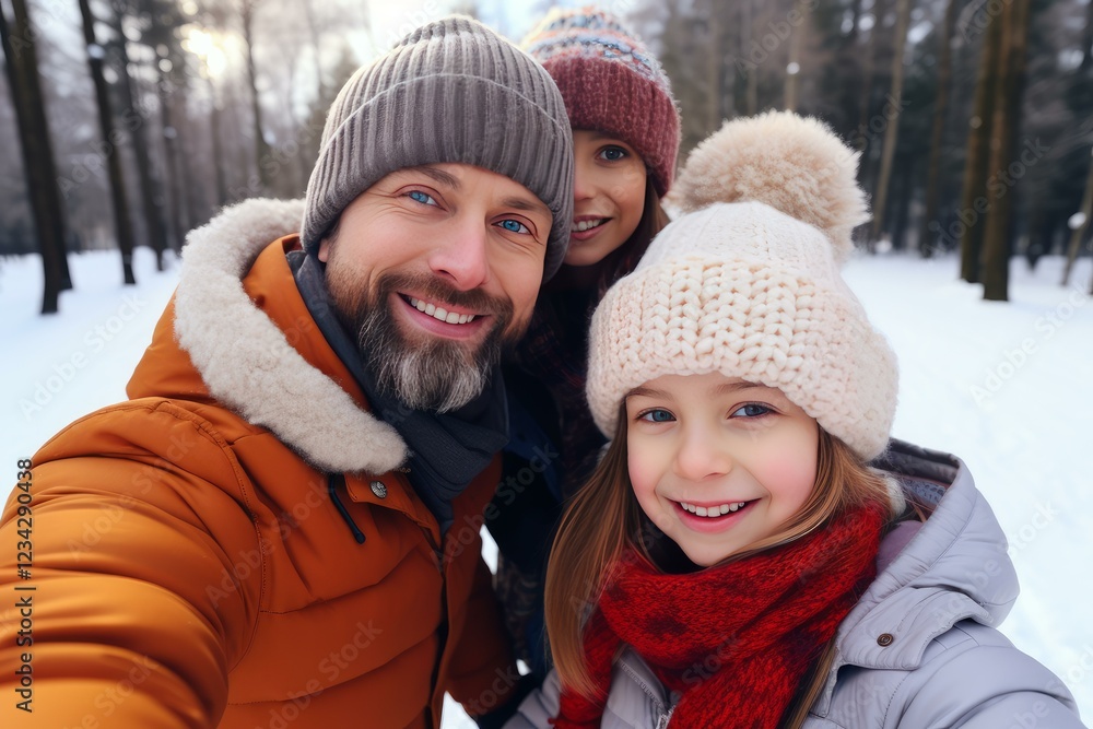 © nsit0108 - Smiling father and daughters taking selfie while enjoying winter holidays in snowy park © nsit0108 - Smiling father and daughters taking selfie while enjoying winter holidays in snowy park