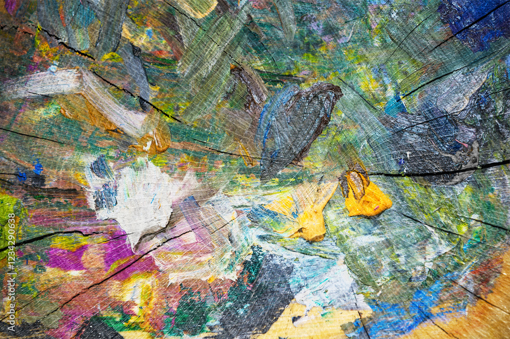 Wooden surface with colorful abstract designs. Wooden surface with colorful abstract designs.