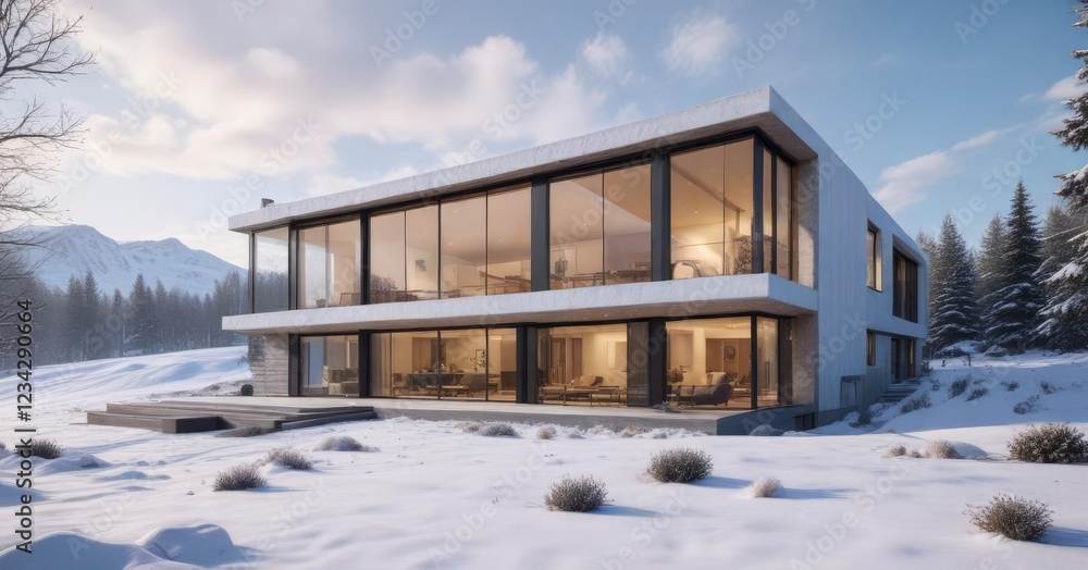 Snowy modern house with large windows in winter landscape, snowy modern house, snowy landscape Snowy modern house with large windows in winter landscape, snowy modern house, snowy landscape