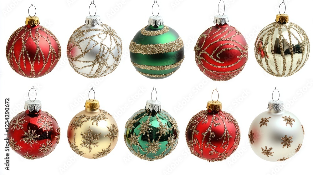 A collection of Christmas ornaments arranged on a white background, ideal for holiday-themed designs and marketing materials A collection of Christmas ornaments arranged on a white background, ideal for holiday-themed designs and marketing materials