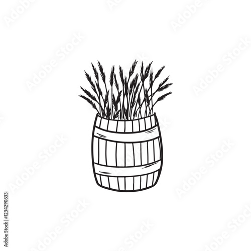 Wooden barrel with wheat drawing in black isolated on white background. Hand drawn vector sketch illustration in doodle engraved vintage line art style. Concept of farm, agriculture, food
