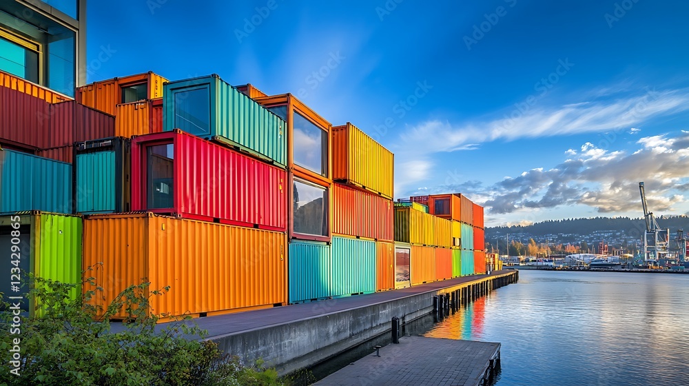 Fototapeta premium Container Cargo freight ship in harbor with cityscape background at twilight time.