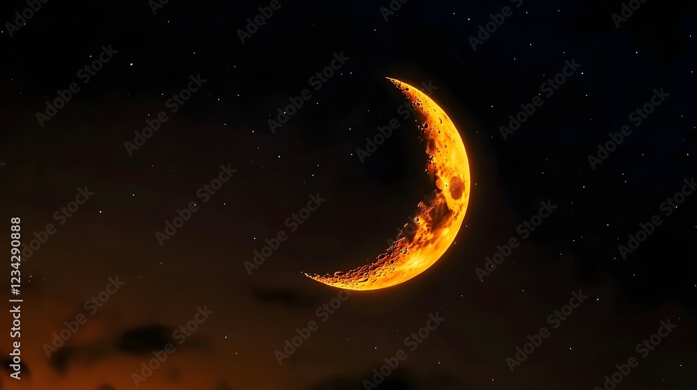 Fiery Orange Crescent Moon in Pixelated Night Sky