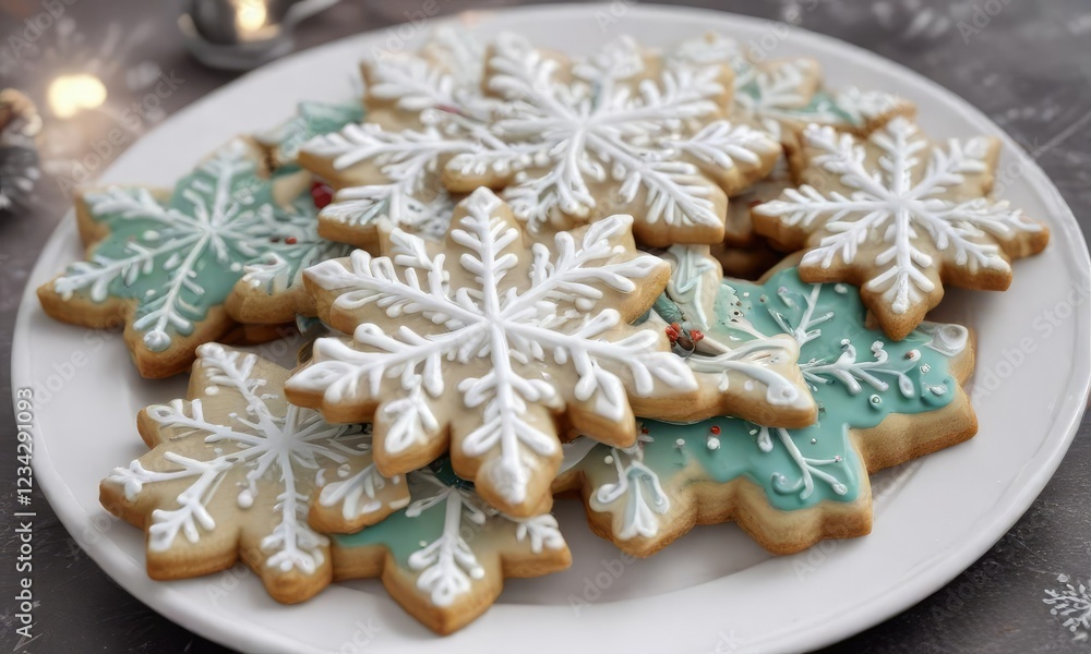 Fototapeta premium Snowflake-patterned Christmas cookies on a platter, sweet, christmas