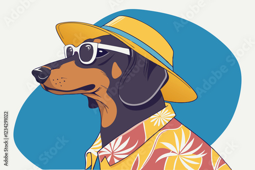 Dachshund dog, Hawaiian shirt, yellow bucket hat, white sunglasses, blue background, studio lighting, humorous pet portrait, anthropomorphic, vacation attire, whimsical, high-detail, vibrant colors,