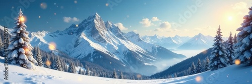 Wallpaper Mural Snowflakes fall from the sky amidst a mountainous landscape, snowy landscape, Christmas background snowy mountains gold foil snowflakes Torontodigital.ca