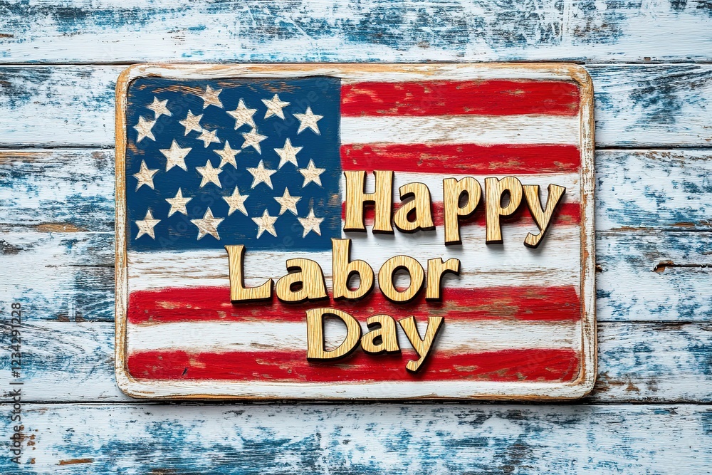 Fototapeta premium Engaging in the shared excitement of national Labor Day. Side view of american flag, set of tools, safety helmet, work gloves on wooden brown background with empty space for promo or text 