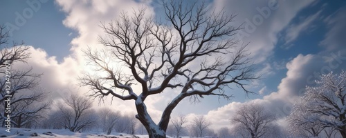 Snow-covered branches of a bare tree stretching upwards towards the clouds, frost, cloud, icy