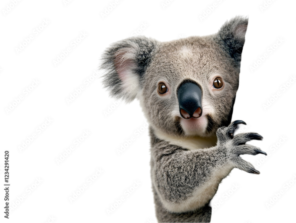 Fototapeta premium A baby koala with large eyes and soft gray fur, resting in a tree. Transparent background