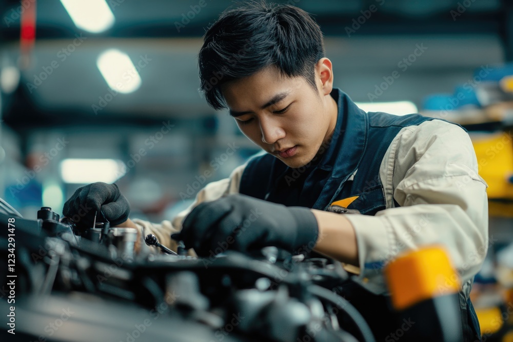 A person tinkering with an automobile engine in a garage A person tinkering with an automobile engine in a garage