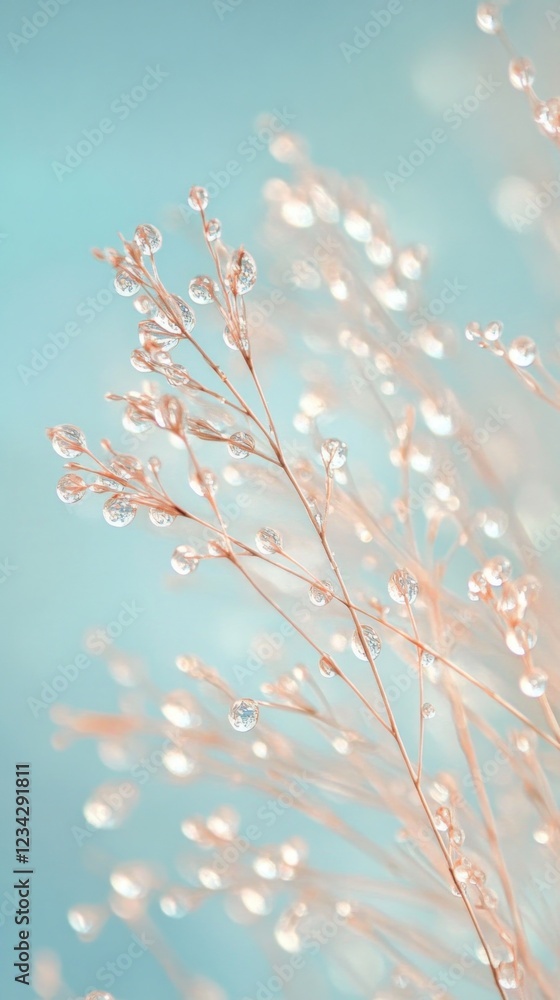 Naklejka premium Dew drops glistening on delicate plants in soft pastel tones