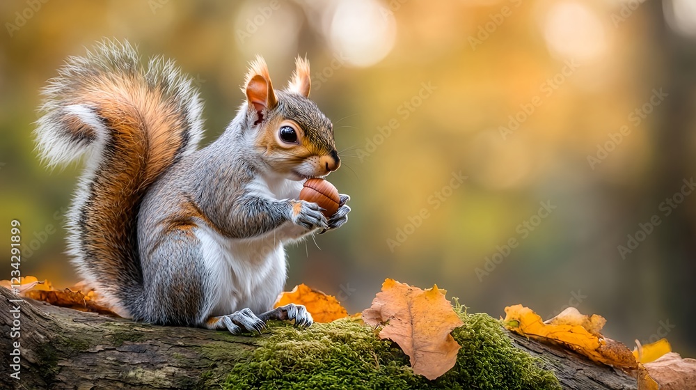 Red Squirrel perched on branch amidst autumn leaves, basking in warm sunlight. Red Squirrel perched on branch amidst autumn leaves, basking in warm sunlight.