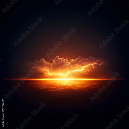 Fiery Orange Lightning Storm Over Dark Ocean