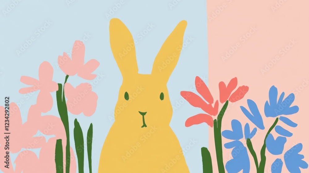 Colorful abstract bunny stands amidst vibrant flowers against a soft pastel background, creating a cheerful, artistic ambiance Colorful abstract bunny stands amidst vibrant flowers against a soft pastel background, creating a cheerful, artistic ambiance