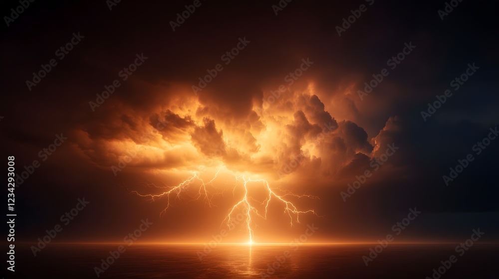 Fiery Orange Lightning Strikes Dark Sea at Night Fiery Orange Lightning Strikes Dark Sea at Night