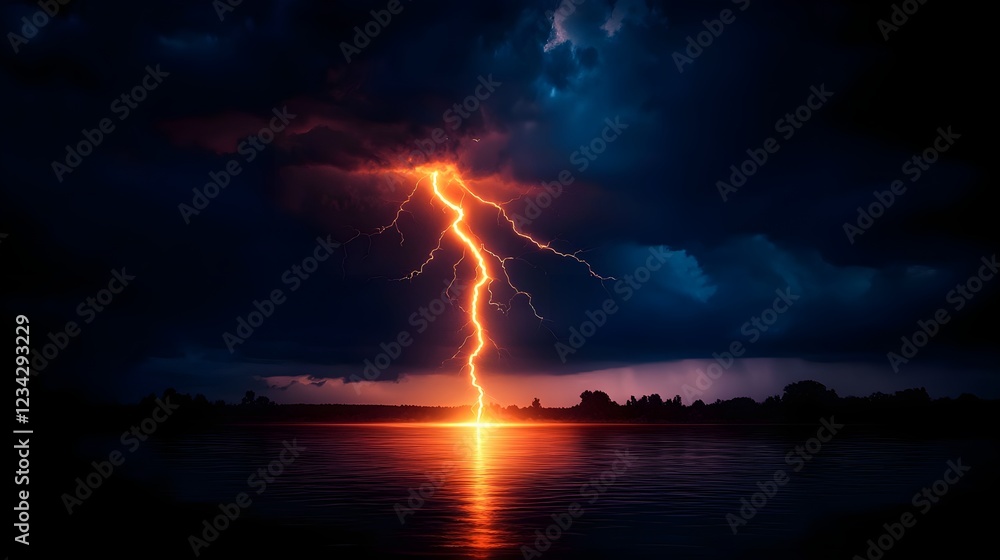 Fototapeta premium Fiery Orange Lightning Strikes Dark Night Sky Over Calm