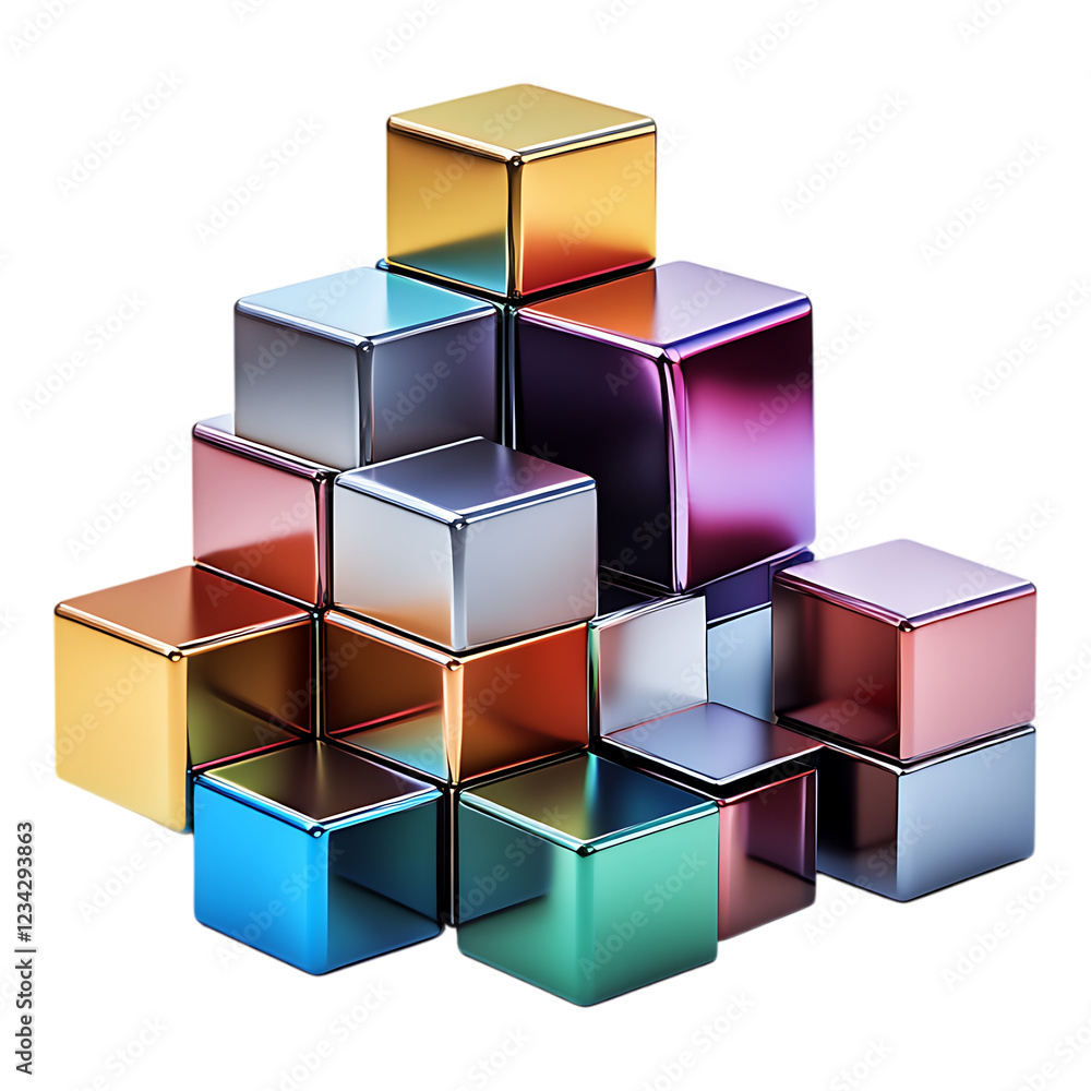 Obraz premium PNG Metallic Cube Cluster Against Transparent Background for Modern Design, Technology Branding, or Abstract Art Projects