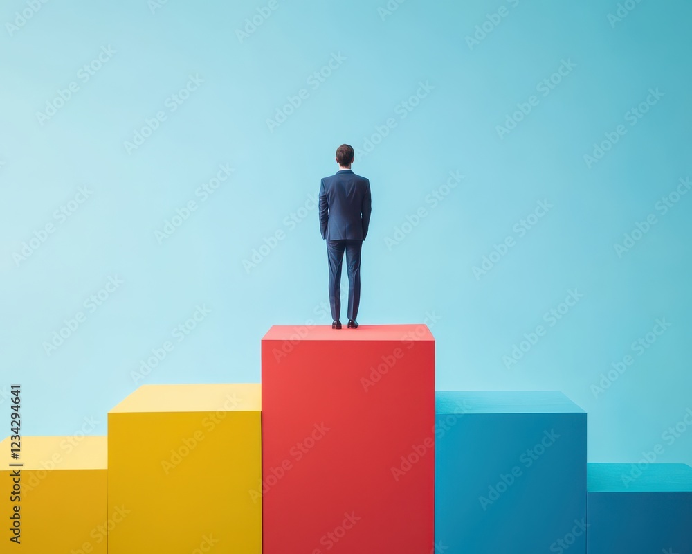 Business professional standing on financial graphs, abstract representation of market risks Business professional standing on financial graphs, abstract representation of market risks