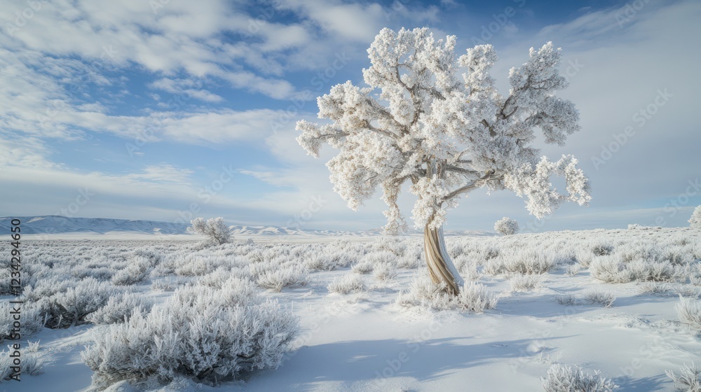 Snowy desert landscape, frost-covered tree, winter scene, serene background, nature photography Snowy desert landscape, frost-covered tree, winter scene, serene background, nature photography