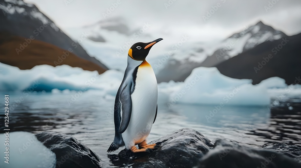Fototapeta premium Majestic King Penguin surveys its icy realm, a breathtaking Antarctic scene.