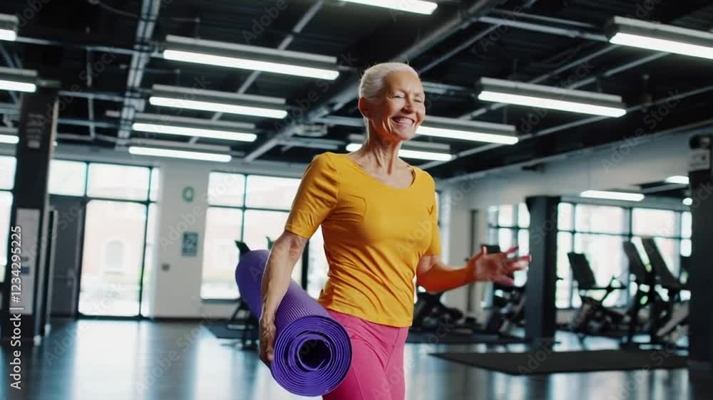 Vibrant senior woman practicing wellness routine, waving cheerfully while standing on yoga mat inside modern fitness center, embodying active aging and positive lifestyle Vibrant senior woman practicing wellness routine, waving cheerfully while standing on yoga mat inside modern fitness center, embodying active aging and positive lifestyle