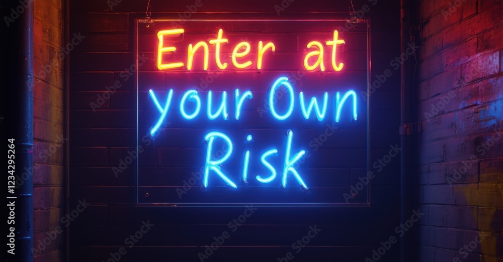 Obraz premium Neon sign reading Enter at Your Own Risk glows in red and blue against dark alley. Dramatic lighting and reflections enhance suspenseful atmosphere, evoking mystery and caution
