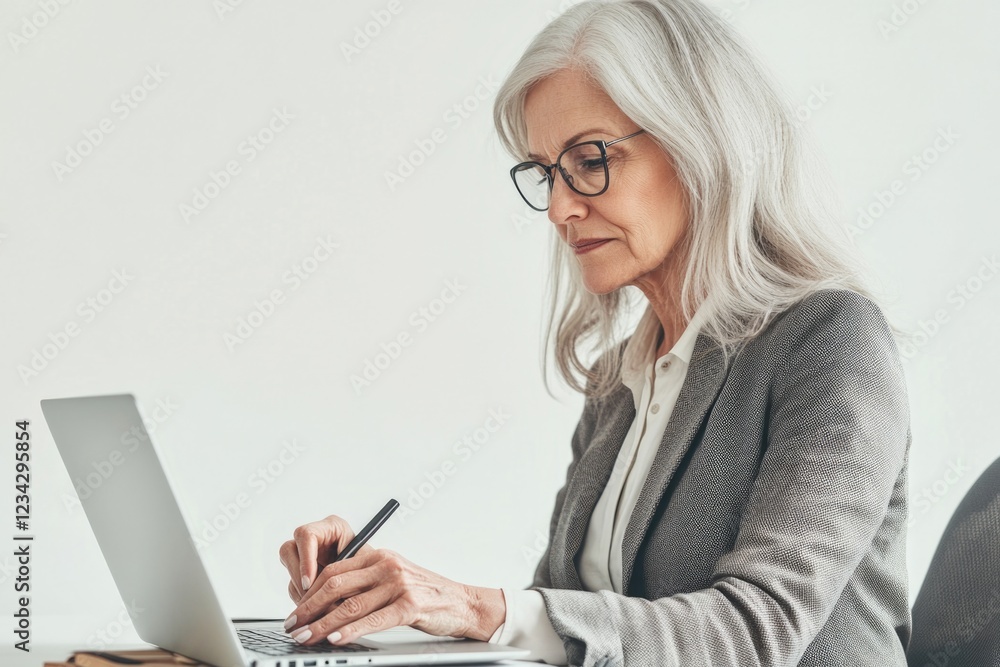 Woman using a laptop computer at a desk, perfect for office or workspace concepts Woman using a laptop computer at a desk, perfect for office or workspace concepts