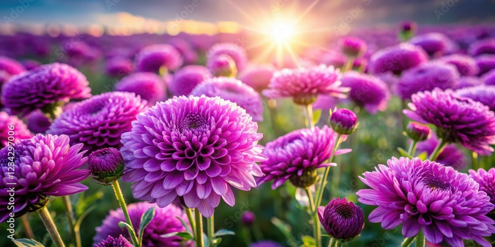 Fototapeta premium Autumn's vibrant purple chrysanthemums paint a stunning landscape, a breathtaking floral scene.
