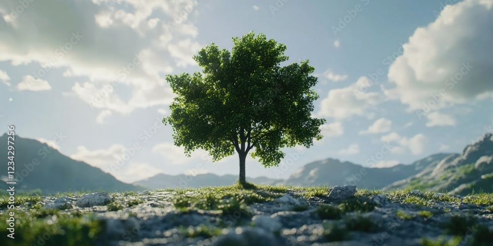 Obraz premium Serene Nature Scene: A Tree in a Field with Majestic Mountains